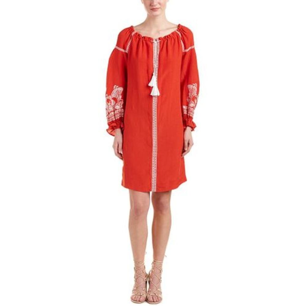 Maje Ramette Dress Sz 1 Small Orange Red Embroidered Tassel Viscose Linen Tie